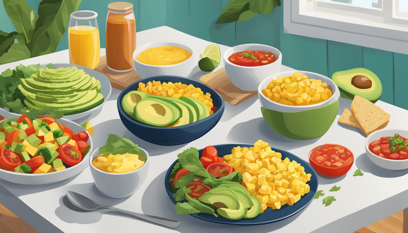 A colorful breakfast spread featuring a variety of vegetarian items such as scrambled tofu, fresh vegetables, avocado, and salsa on a table