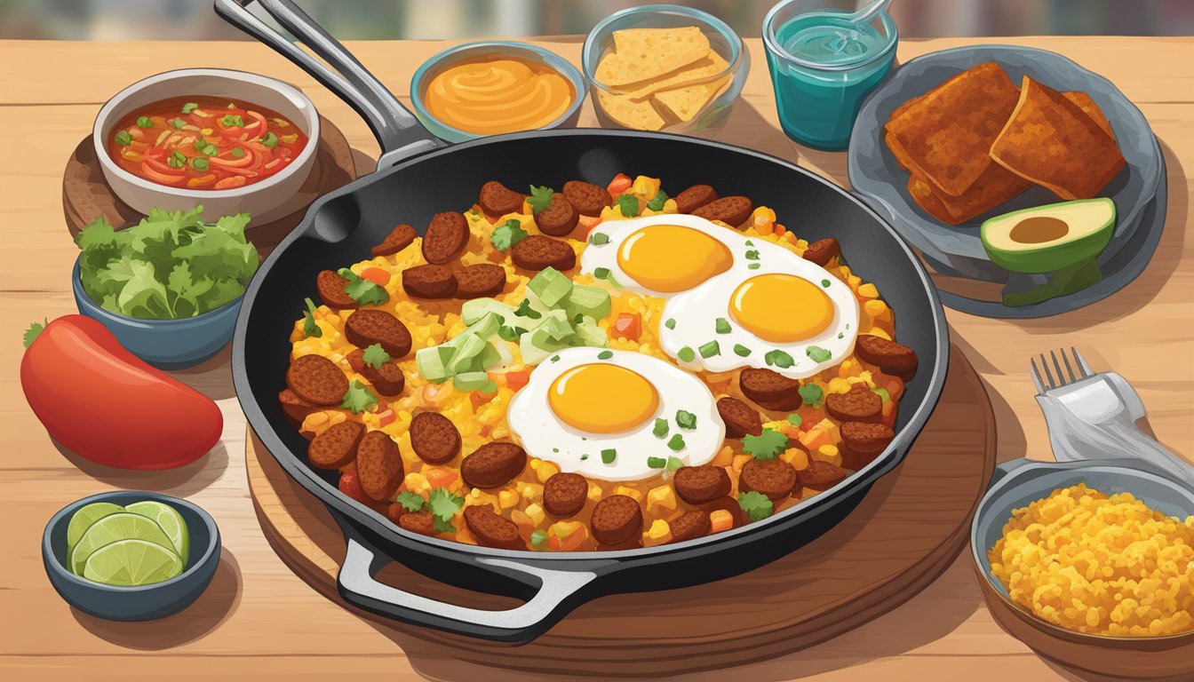 A sizzling skillet of chorizo and eggs is served alongside a colorful array of Tex-Mex dishes, including tacos, enchiladas, and fajitas