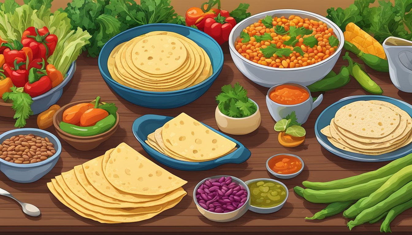 A colorful spread of fresh vegetables, beans, and tortillas arranged on a vibrant table setting