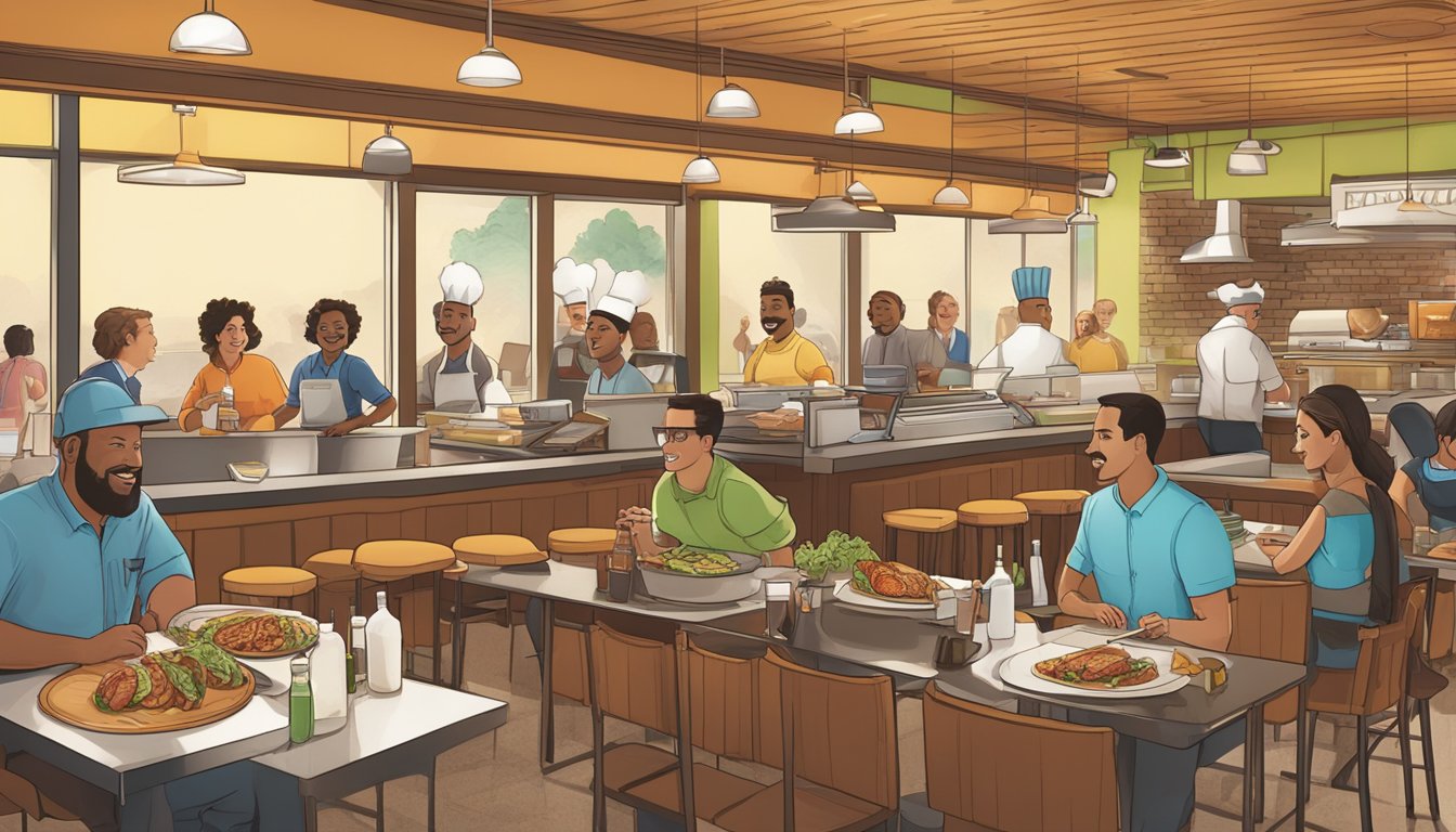 A bustling Taco Cabana restaurant with a line of customers, a chef grilling chorizo, and a manager discussing franchise plans with a potential business partner