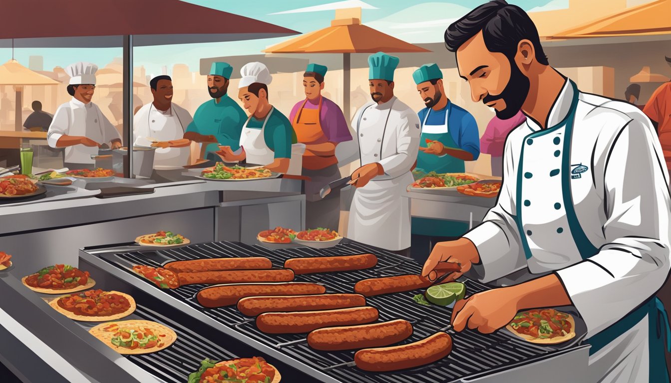 A sizzling grill cooks up a variety of chorizo sausages, while a chef carefully prepares them for serving at a bustling Taco Cabana restaurant