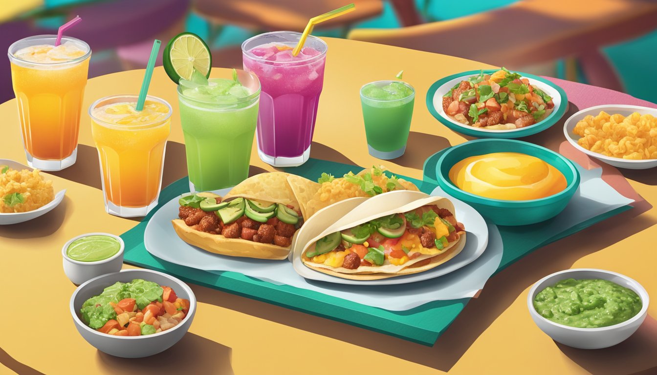 A table with colorful vegetarian breakfast options and refreshing drinks at Taco Cabana