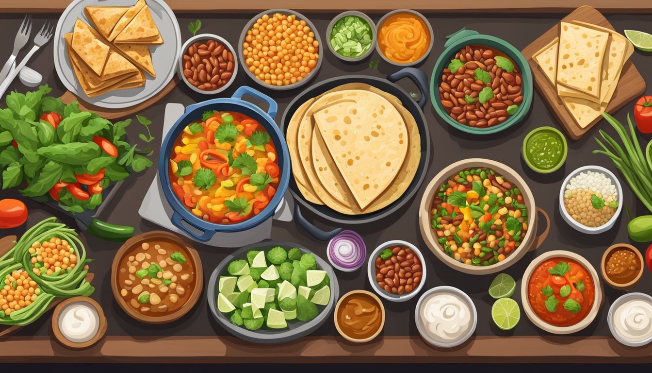 A colorful array of fresh vegetables, beans, and tofu sizzling on a hot griddle, surrounded by warm tortillas and a variety of flavorful sauces