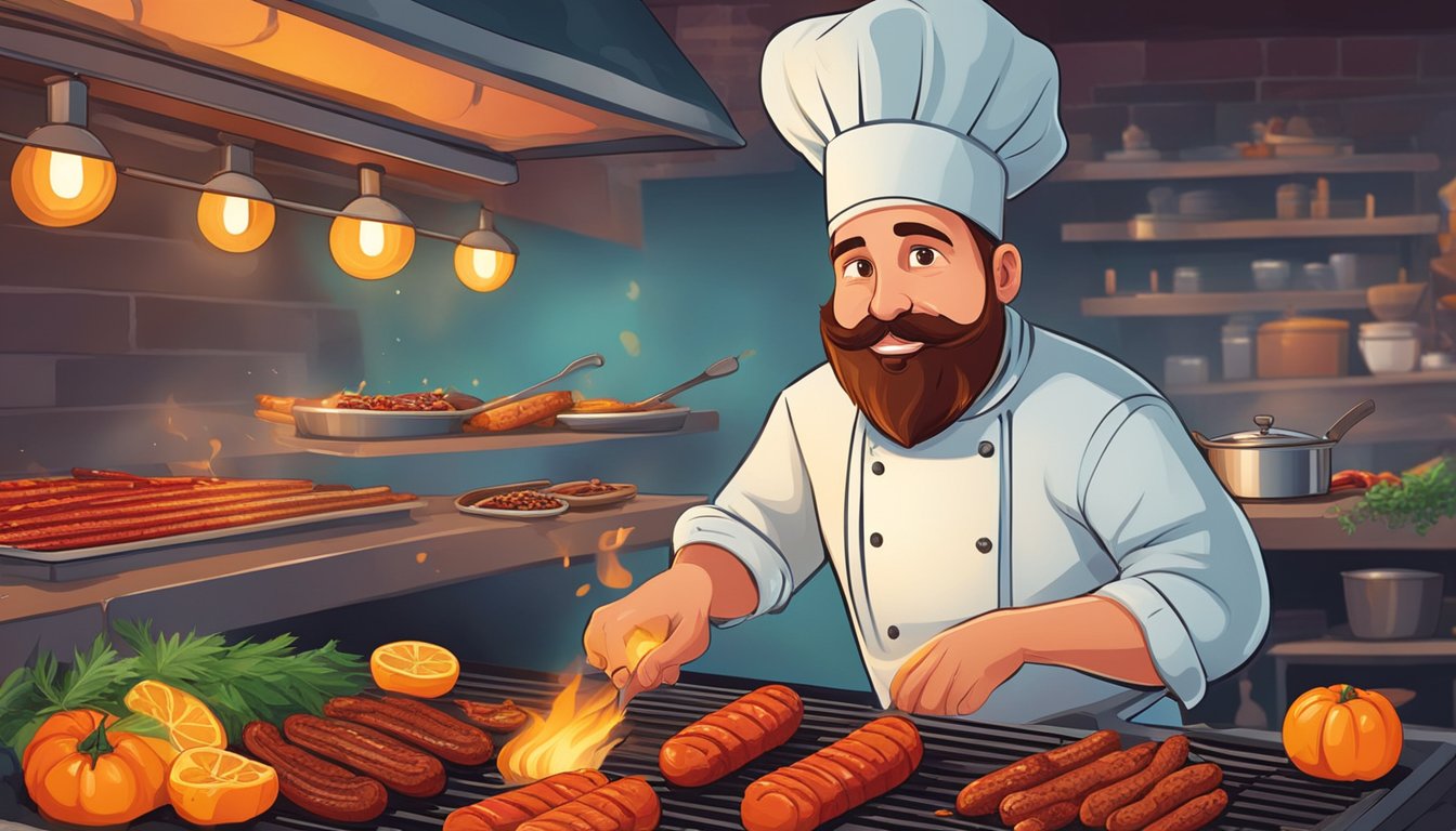 A chef grills chorizo over an open flame, surrounded by colorful ingredients and spices. The aroma of sizzling sausage fills the air as customers eagerly wait for their orders