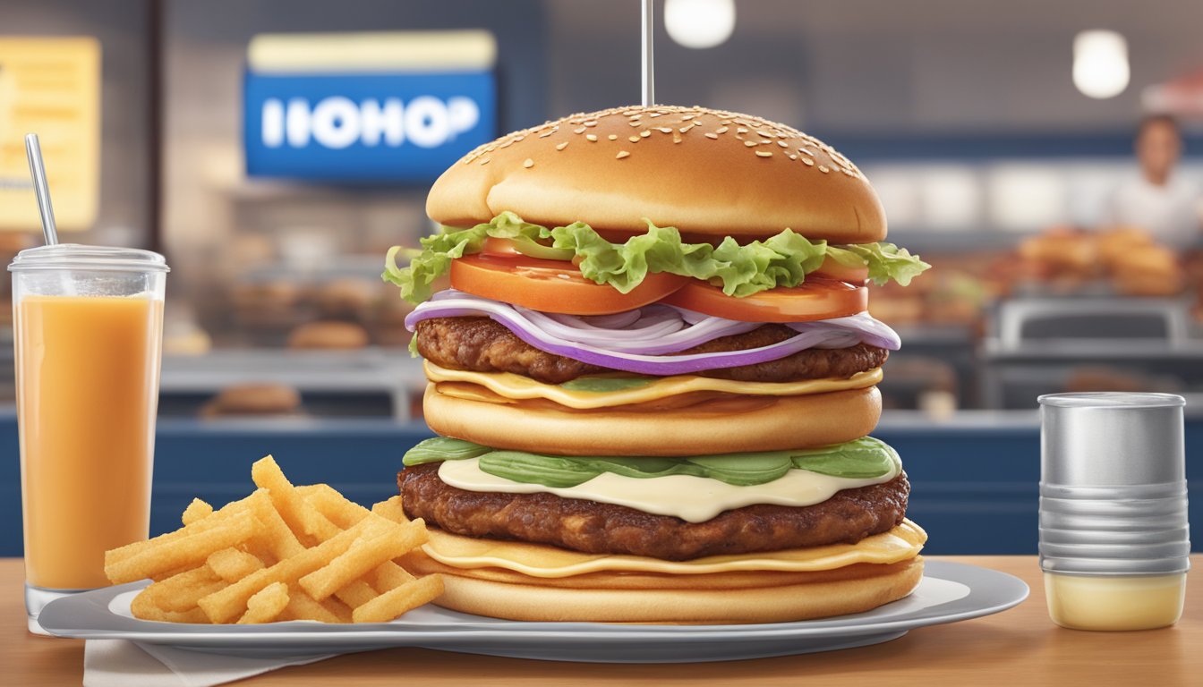 A stack of pancakes morphing into a burger, surrounded by various toppings and condiments, with a menu board in the background showcasing the transformation from IHOP to IHOB