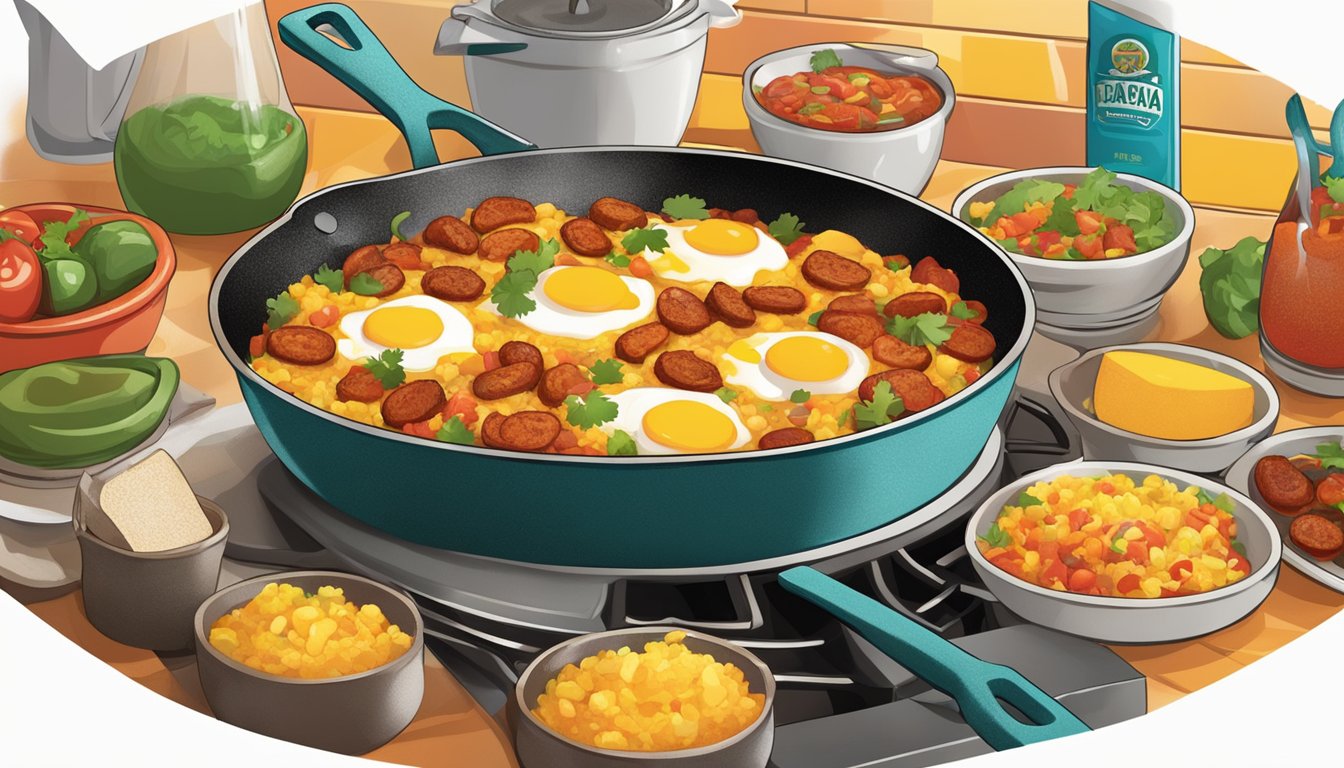 A sizzling skillet of chorizo and eggs being prepared in a bustling Taco Cabana kitchen, surrounded by the vibrant colors and aromas of a Mexican restaurant