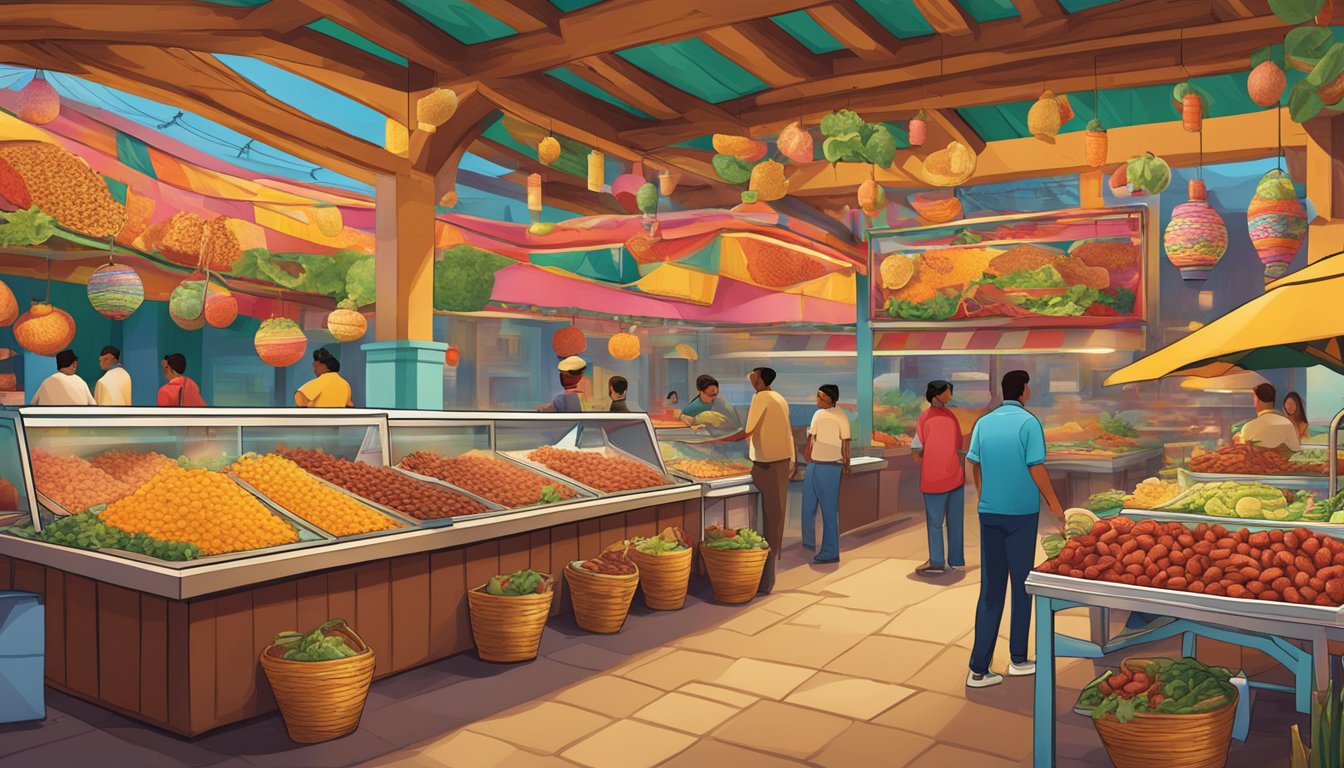 A colorful illustration of a traditional Mexican market with a prominent display of Chorizo at Taco Cabana, showcasing the brand's rich heritage and loyal customer base