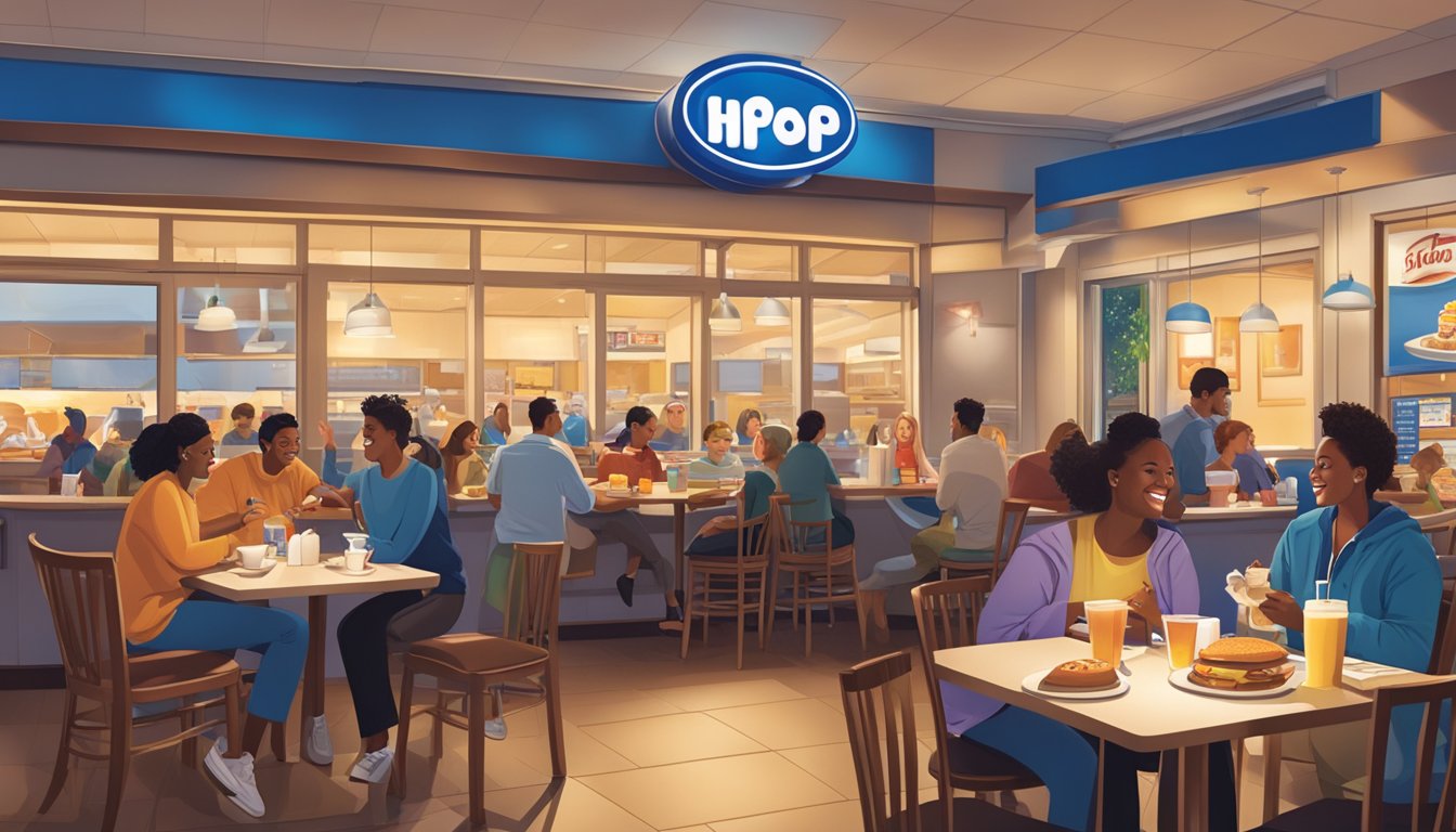 A bustling IHOP restaurant at night, with customers enjoying breakfast items for dinner. The logo prominently displayed, and a sense of excitement and innovation in the air