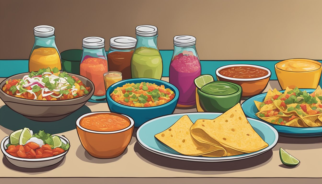 A colorful array of signature side items and salsas displayed on a table at Taco Cabana, with breakfast tacos and burritos in the background