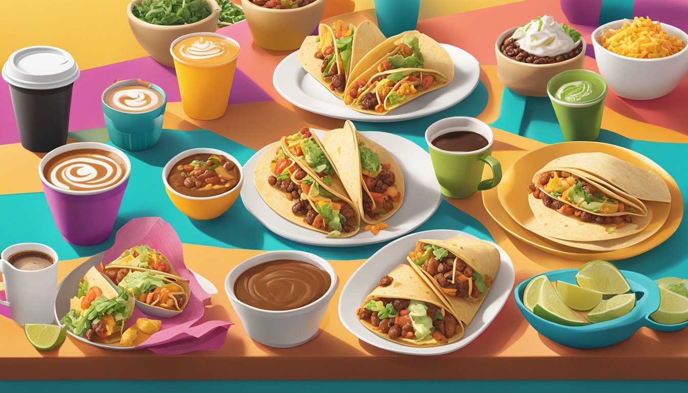 A colorful spread of breakfast tacos, burritos, and coffee cups displayed on a vibrant table at Taco Cabana