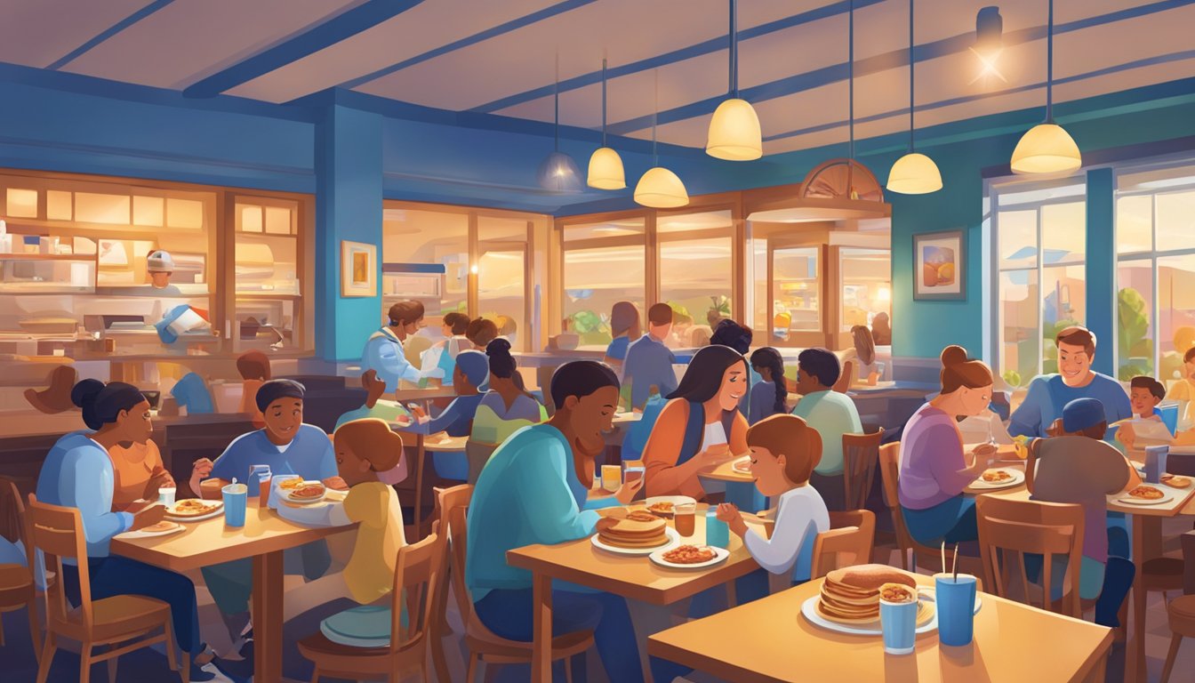 A bustling IHOP restaurant at night, with families and friends enjoying breakfast foods for dinner. Pancakes, eggs, and bacon on colorful plates