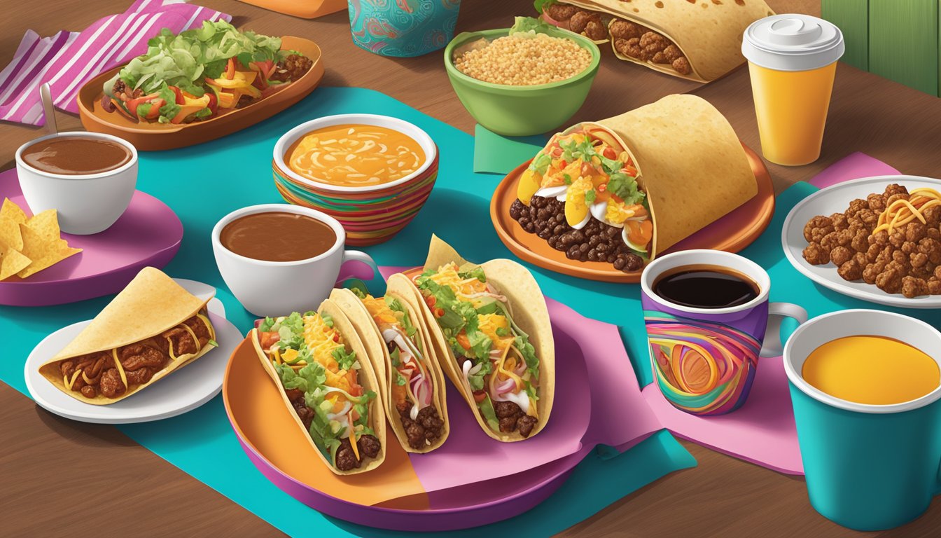 A colorful display of breakfast tacos, burritos, and coffee on a vibrant menu board at Taco Cabana