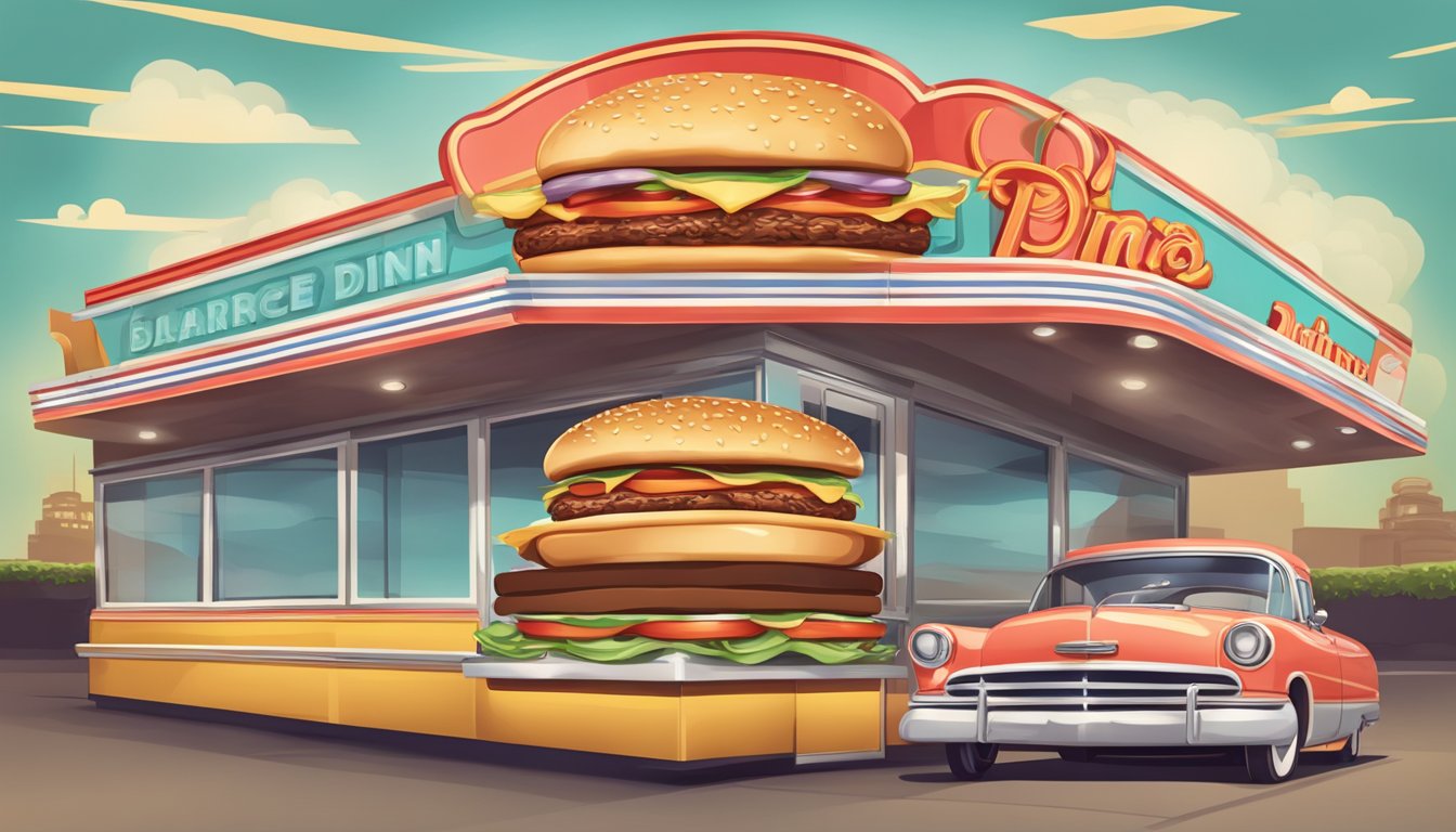 A retro diner sign with a burger and pancake on a plate