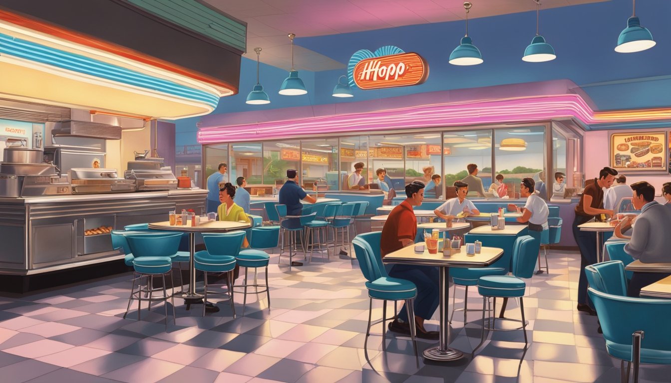 A bustling 1950s diner with sizzling grills, a soda fountain, and a neon sign reading "IHOP: International House of Pancakes."