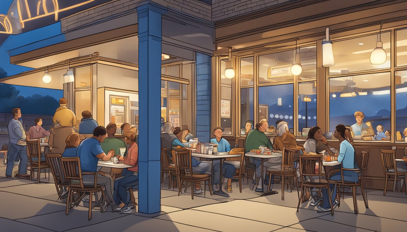 A bustling IHOP restaurant at night, with customers enjoying breakfast dishes. A wheelchair-accessible entrance and menu are prominently displayed