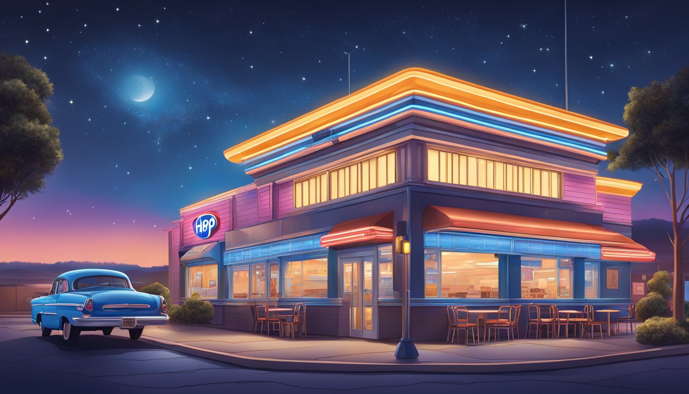 A bustling diner transformed into a pancake haven, with a neon IHOP sign illuminating the night sky