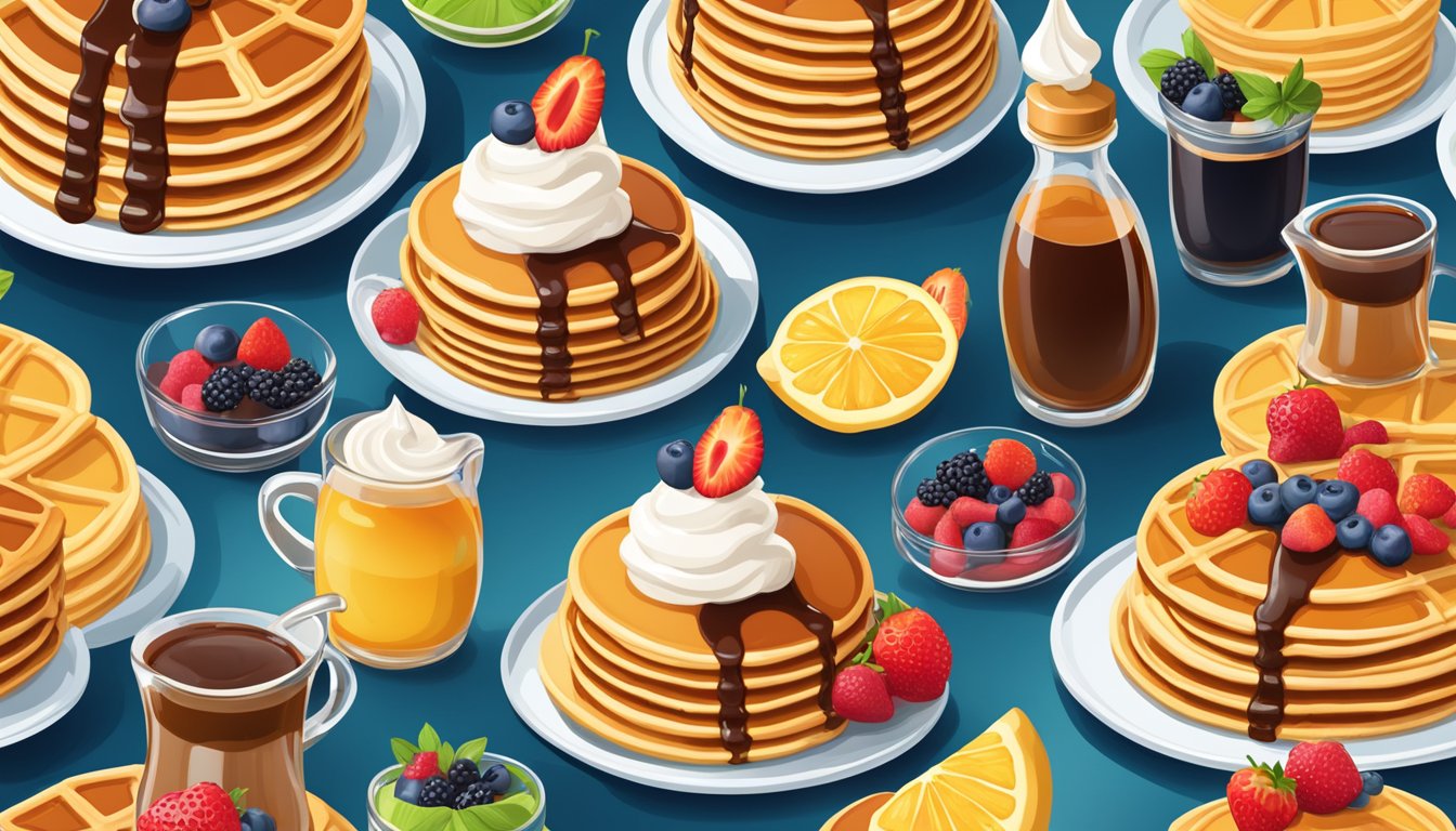 A colorful array of syrup bottles surrounded by stacks of pancakes and waffles, with fresh fruit and whipped cream on the side