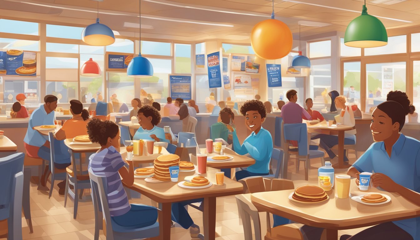 A bustling IHOP restaurant with colorful banners and signs advertising breakfast for dinner promotions. Customers enjoying pancakes and eggs at their tables