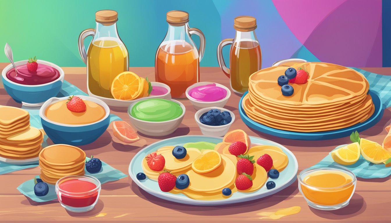 A table set with various flavored syrups, pancakes, and utensils for a taste test. A colorful backdrop and cheerful atmosphere