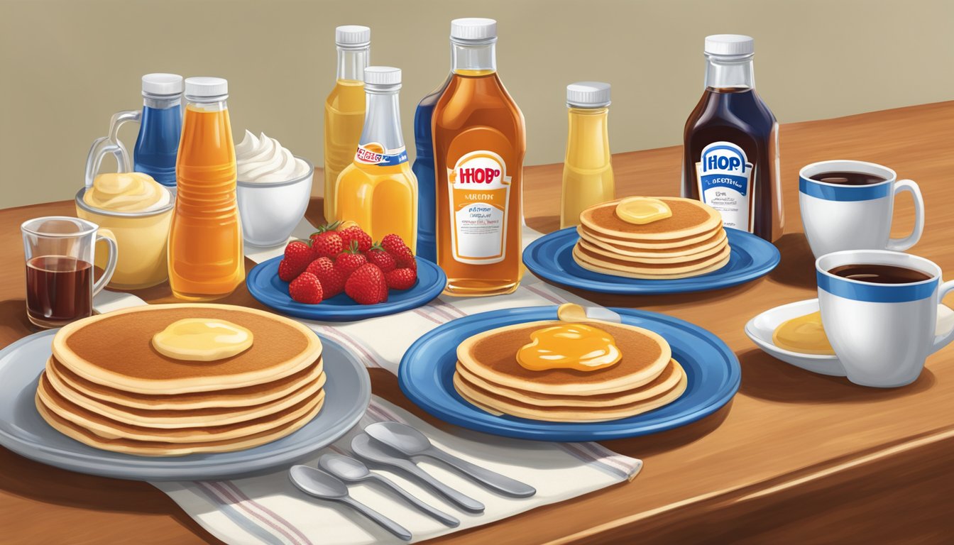 A table set with a variety of IHOP syrups, pancakes, and utensils