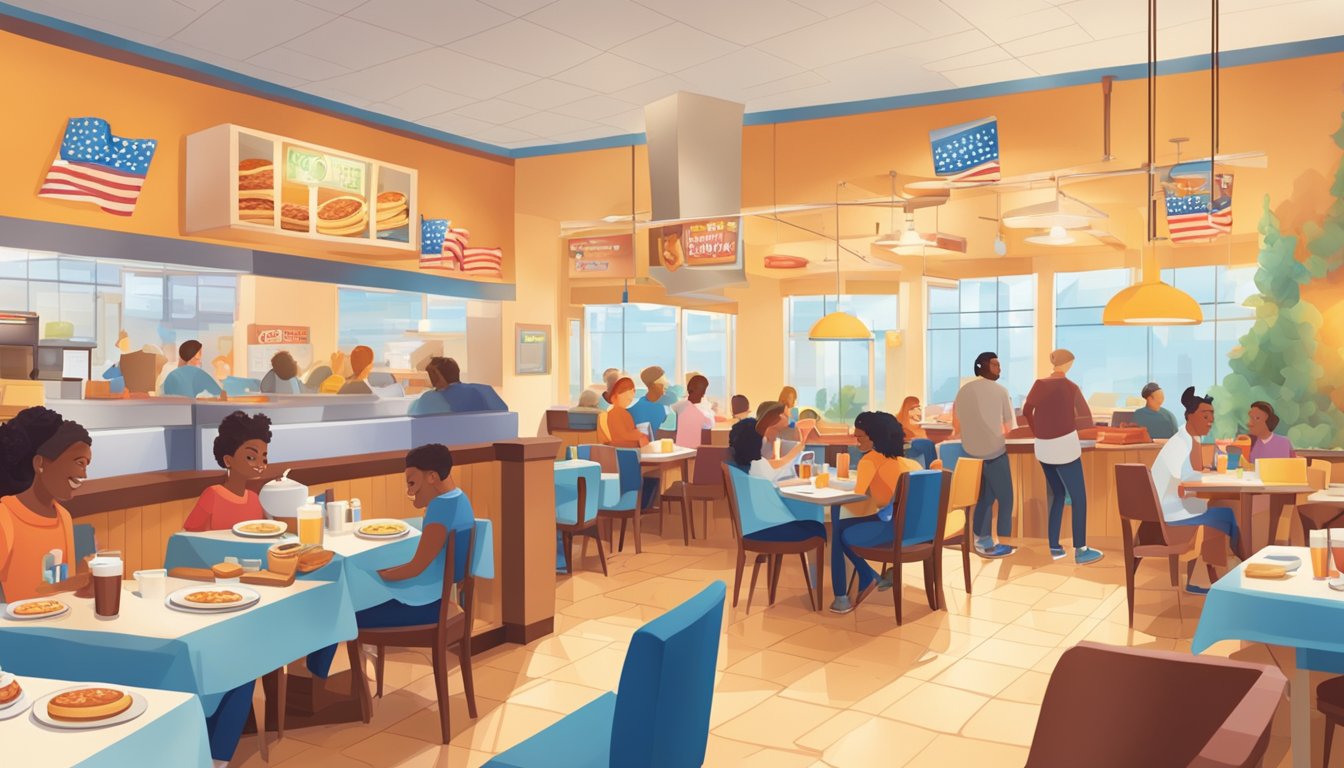 A bustling IHOP restaurant with a colorful sign and happy customers enjoying breakfast for dinner. Tables are filled with delicious pancakes, eggs, and bacon