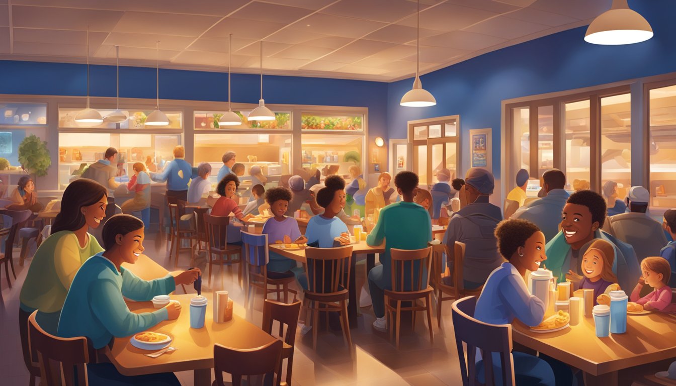 A bustling IHOP restaurant at night, with a mix of families and young adults enjoying breakfast foods under warm, inviting lighting