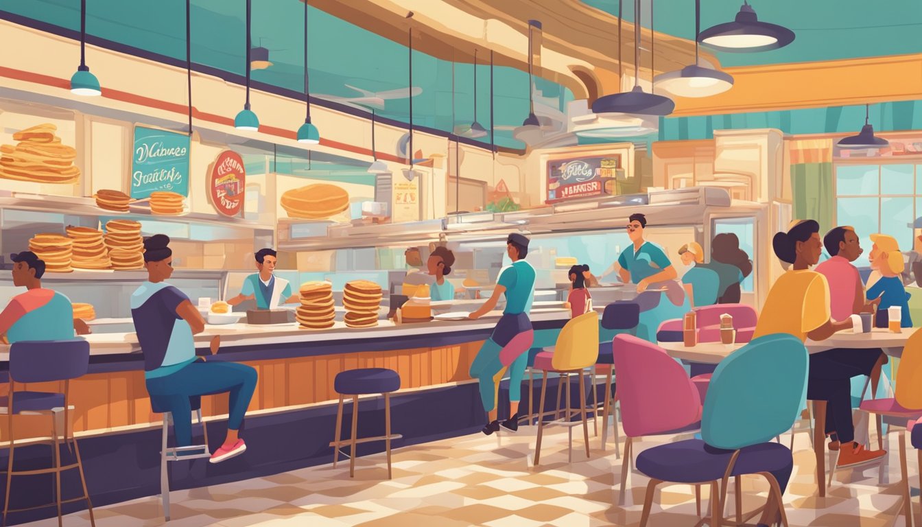 A bustling diner transformed into a vibrant pancake paradise, with a retro sign and happy customers enjoying stacks of fluffy pancakes