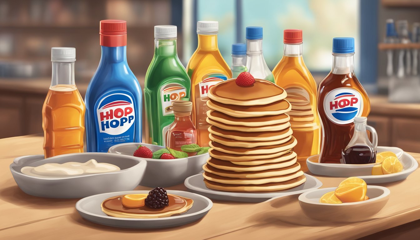 A stack of pancakes with various IHOP syrups poured over them, surrounded by bottles of different flavored syrups on a table