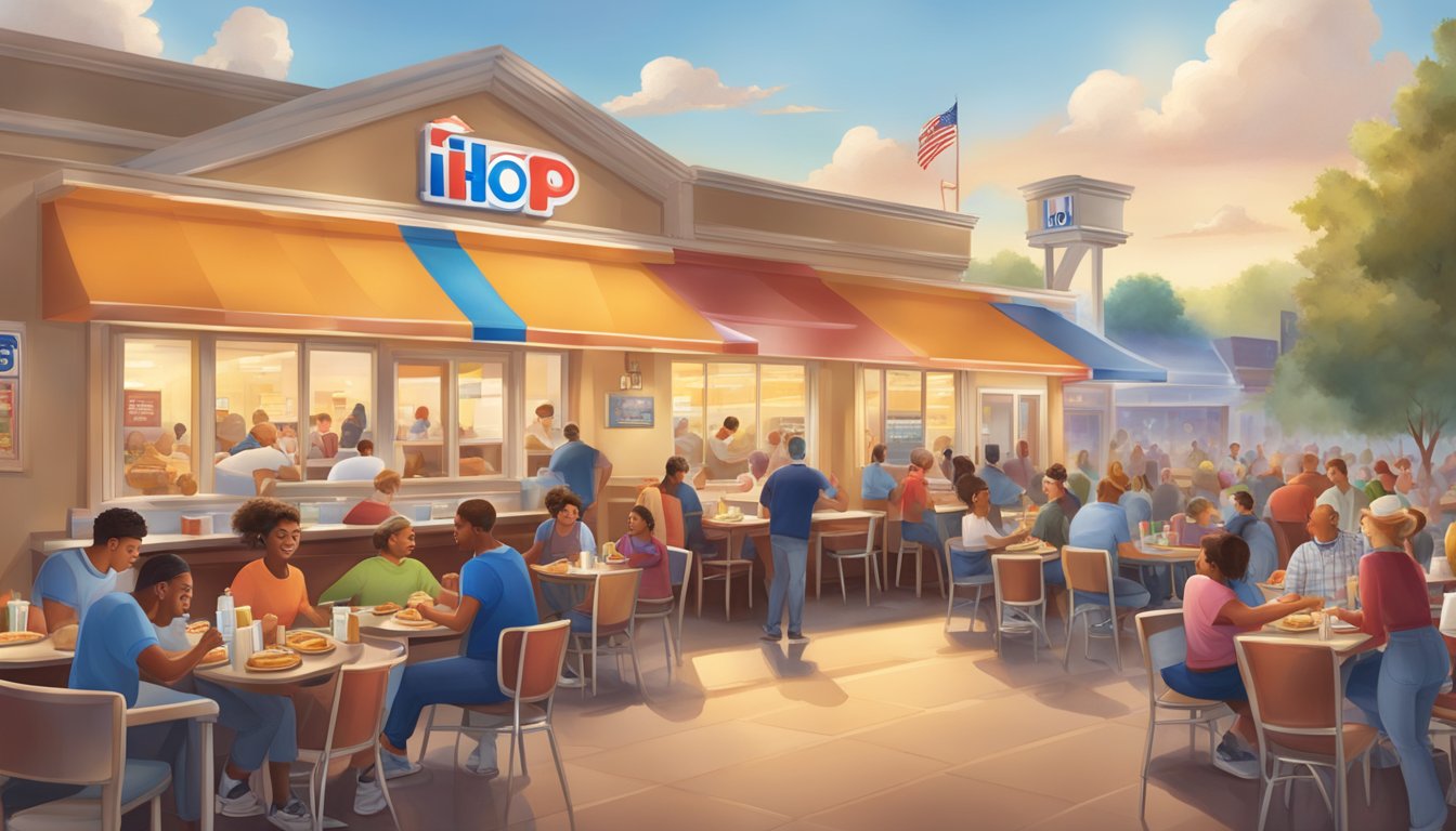 A bustling IHOP restaurant with colorful menu boards, steaming pancakes, sizzling bacon, and a diverse crowd of diners enjoying their meals