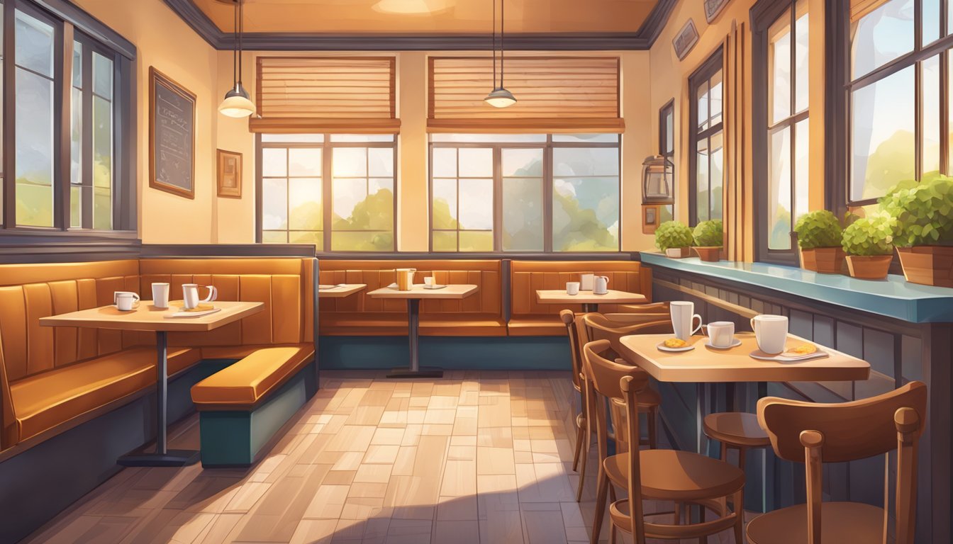 A cozy diner with warm lighting, booths, and a welcoming atmosphere. A stack of pancakes and a steaming cup of coffee on a table