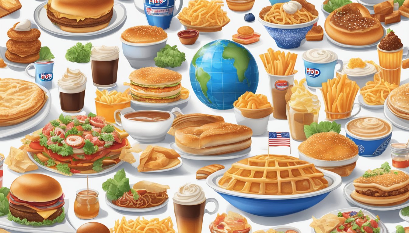 A collage of global landmarks with iconic IHOP dishes, showcasing a fusion of international flavors and cultures