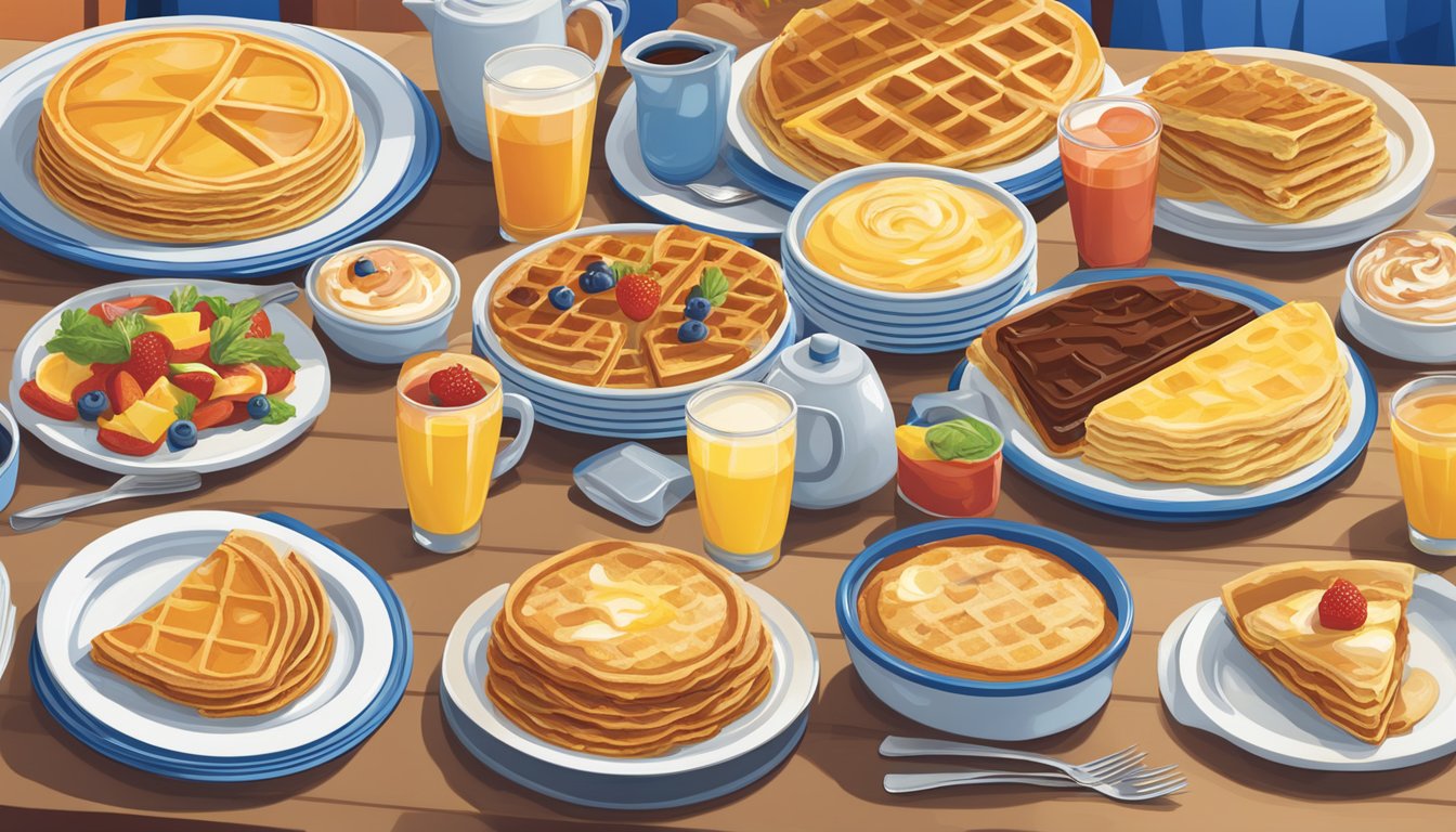 A colorful array of IHOP dishes, including omelets, waffles, and crepes, are artfully arranged on a table with a warm and inviting atmosphere