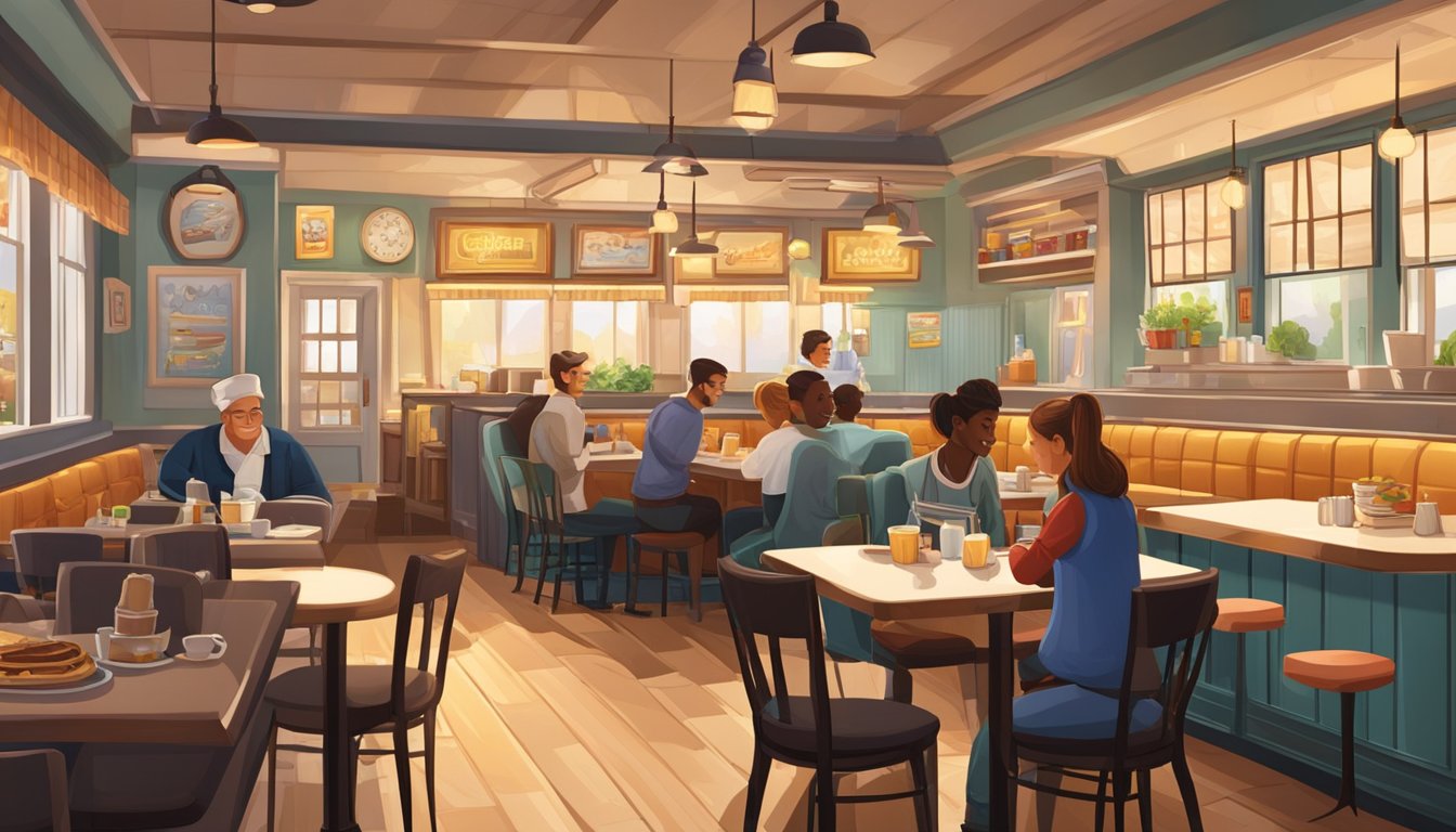 A cozy diner with warm lighting, booths, and a counter. Plates of pancakes, waffles, and omelets are being served by friendly staff