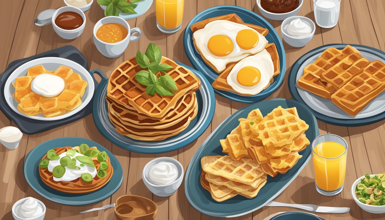 A table set with a variety of international breakfast dishes, including French toast, Belgian waffles, and Mexican chilaquiles