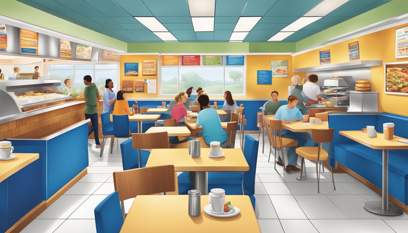 A bustling IHOP restaurant with colorful menu boards and a display of sweet and savory dishes. Customers enjoy their meals at booths and tables