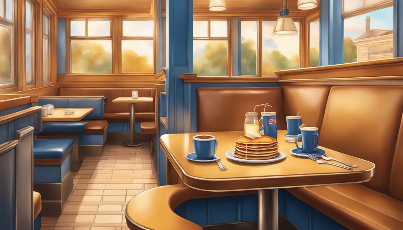 A cozy booth in a warmly lit IHOP restaurant, with a steaming plate of pancakes and syrup, evoking a sense of nostalgia and comfort