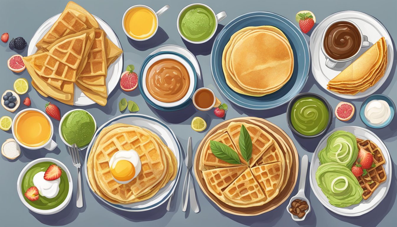 A colorful array of international breakfast dishes on a table, including French crepes, Japanese matcha pancakes, and Mexican churro waffles