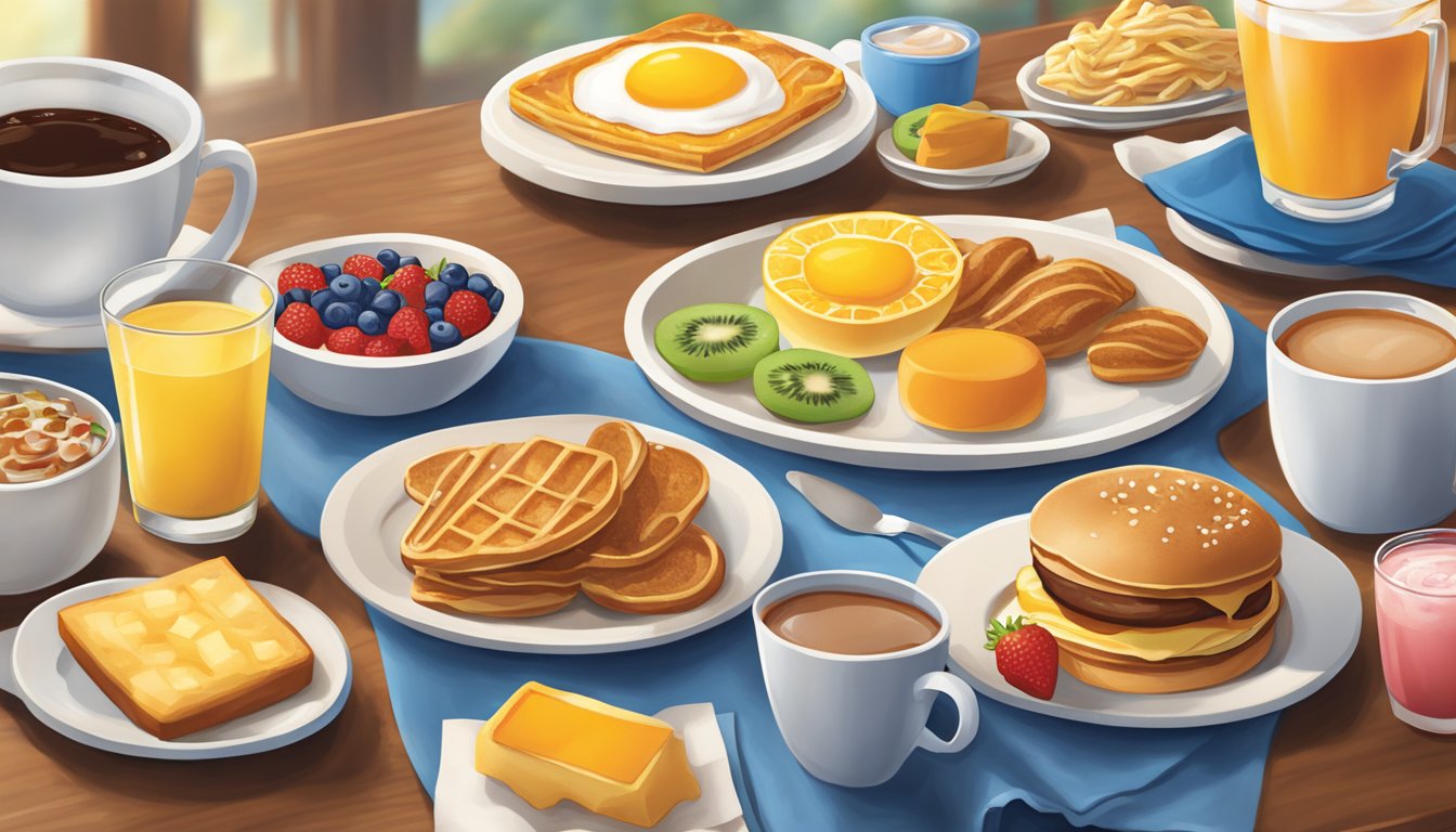 A colorful array of beverages and breakfast items arranged on a table in a cozy IHOP restaurant