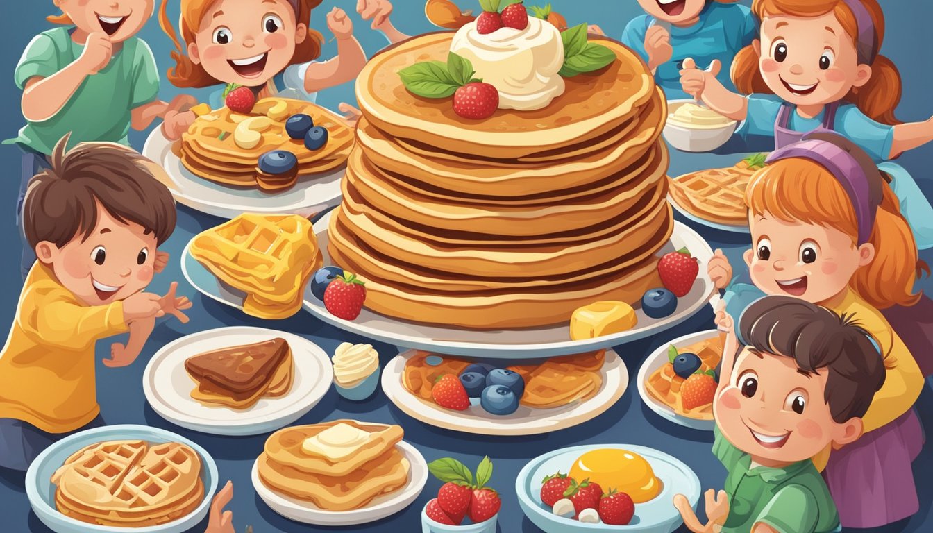 A colorful, cartoon-style menu with playful illustrations of pancakes, waffles, and other breakfast items, surrounded by happy children pointing and laughing