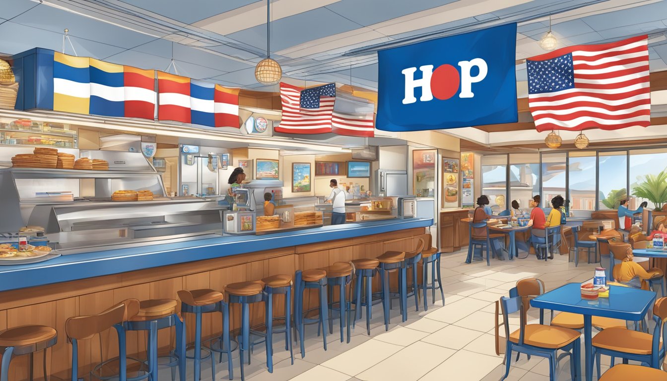 A bustling IHOP restaurant with diverse international decor, showcasing flags, landmarks, and cultural symbols from around the world