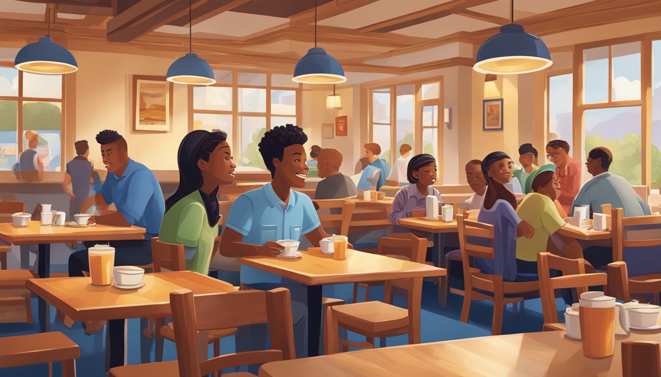 A bustling IHOP restaurant with a warm, inviting atmosphere. A server delivering a stack of fluffy pancakes with a side of sizzling bacon. Tables filled with happy diners enjoying their meals