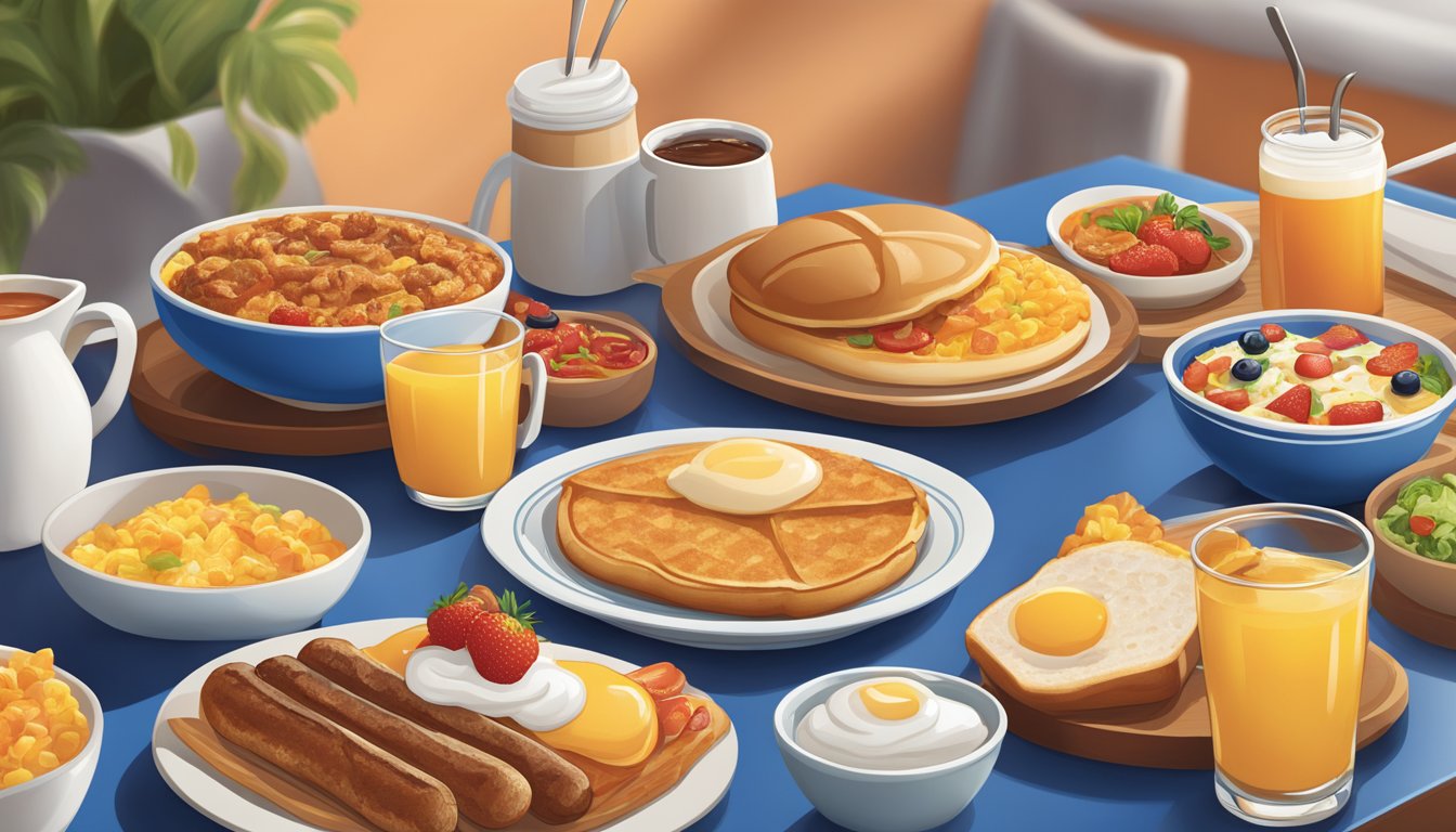 A colorful spread of global breakfast dishes at IHOP, with vibrant ingredients and cultural elements displayed on a table