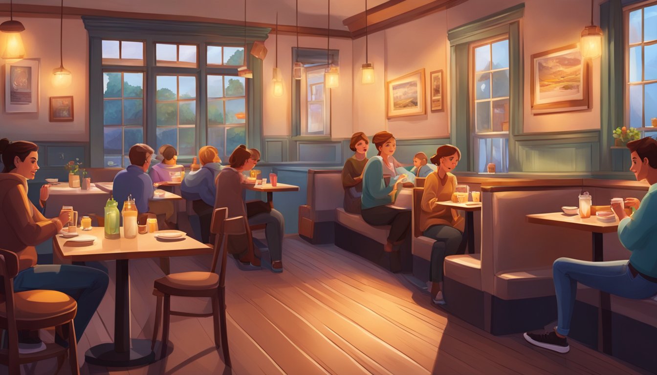 A cozy diner with warm lighting, a bustling atmosphere, and a spread of comforting food on the tables