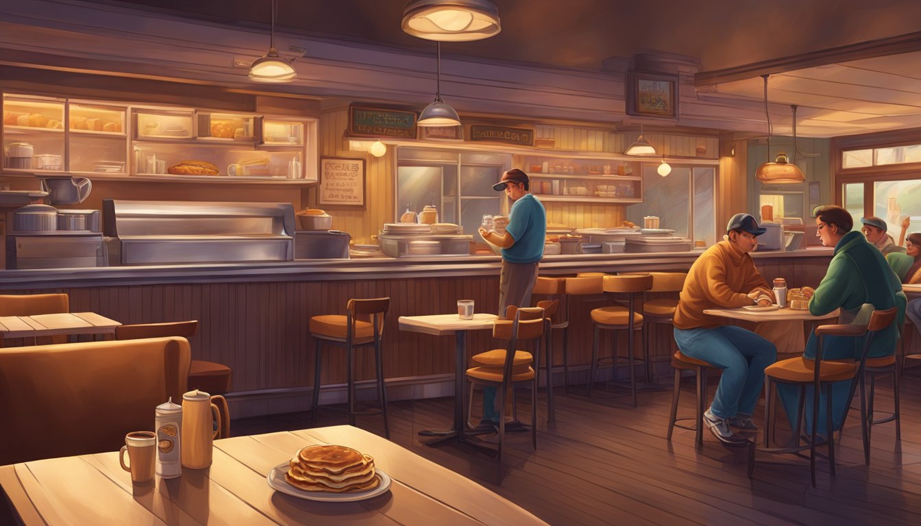 A cozy, dimly lit diner with warm colors and friendly staff, serving up classic comfort foods like pancakes and bacon