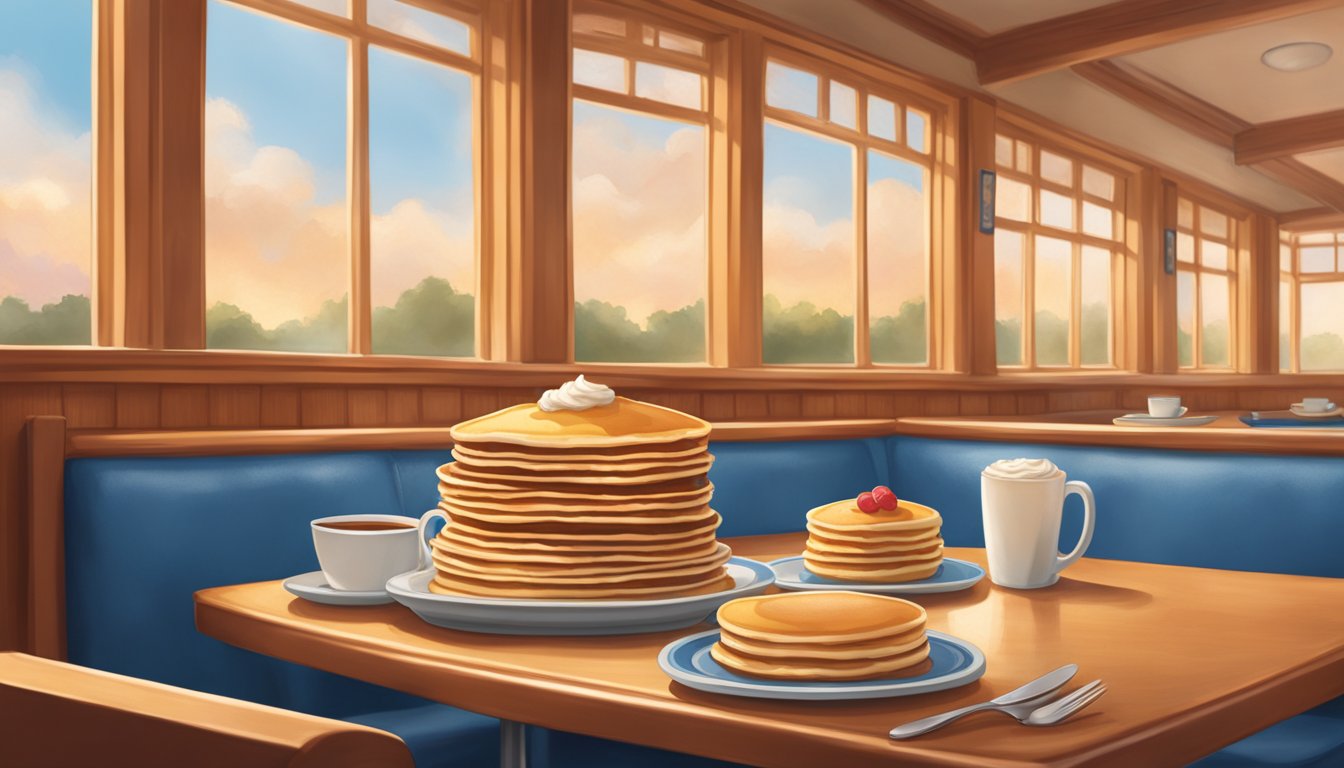 A cozy booth at IHOP, with warm lighting and a steaming plate of pancakes, evoking a sense of comfort and nostalgia