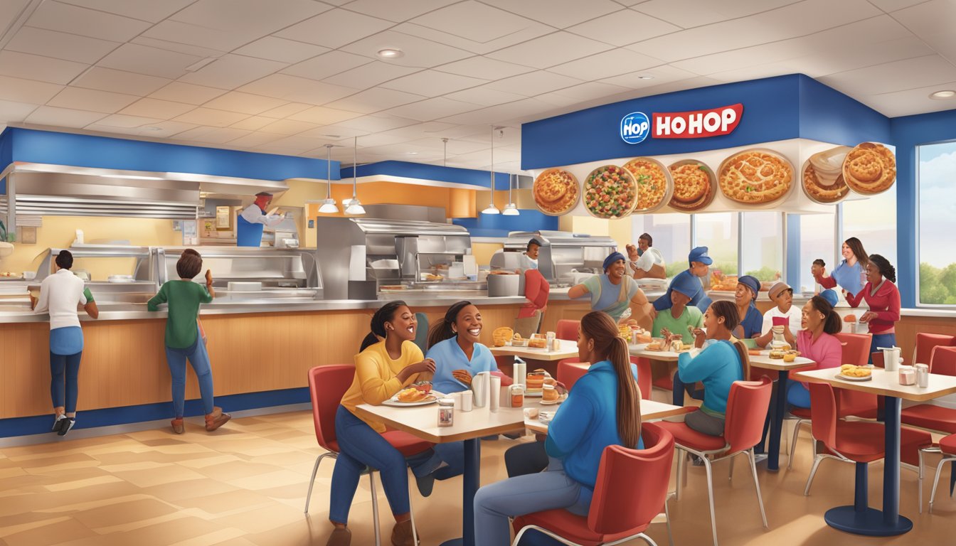 A bustling IHOP restaurant filled with customers enjoying a variety of seasonal breakfast dishes, with cheerful staff serving and the iconic IHOP logo prominently displayed