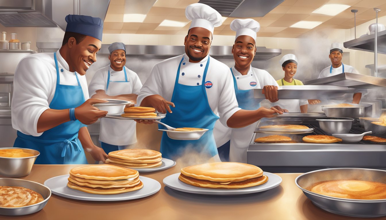 A chef expertly flips pancakes on a sizzling griddle while other kitchen staff prepare ingredients and plate dishes at a bustling IHOP restaurant