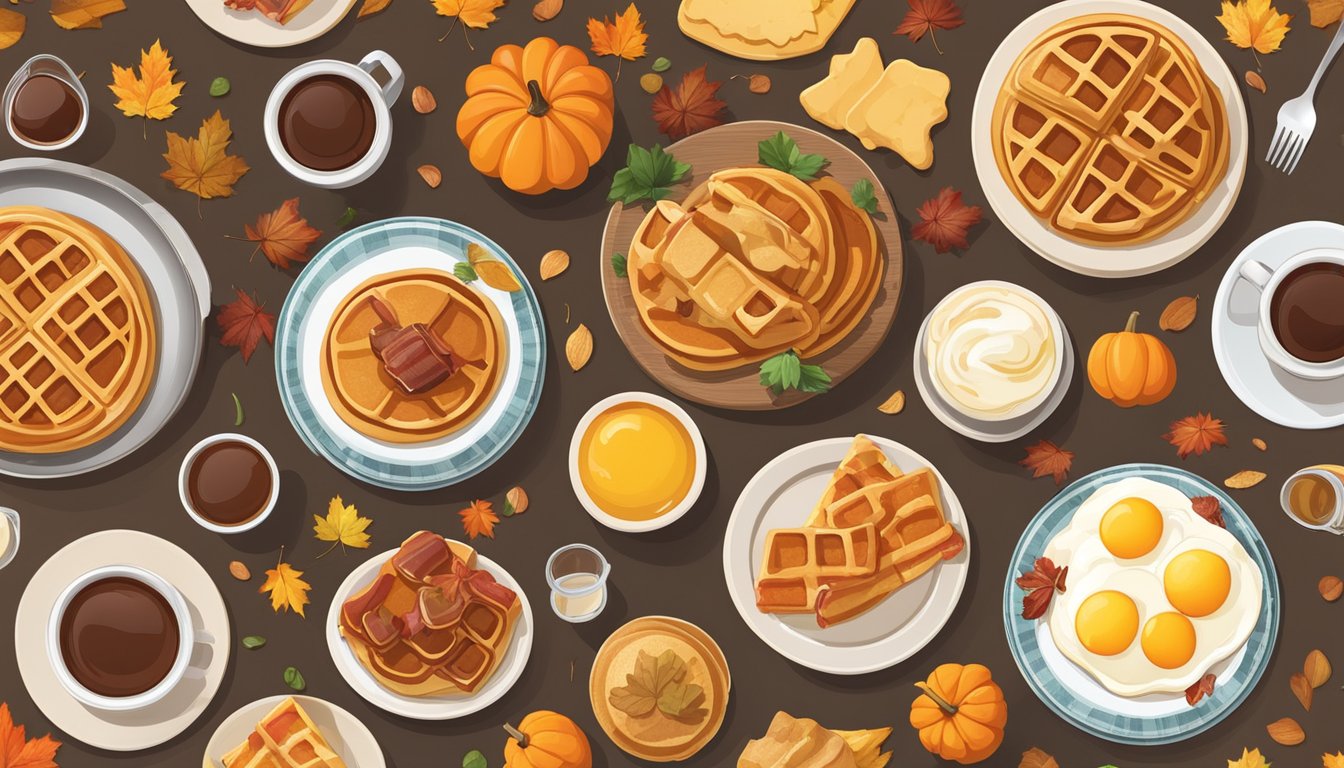 A table set with a variety of breakfast items such as pancakes, waffles, eggs, bacon, and syrup, surrounded by seasonal decorations like pumpkins and autumn leaves