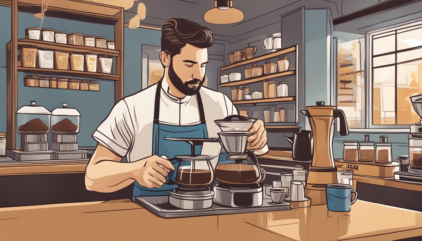 A barista carefully pours freshly brewed coffee into a steaming cup, surrounded by bags of coffee beans and the aroma of a bustling IHOP restaurant