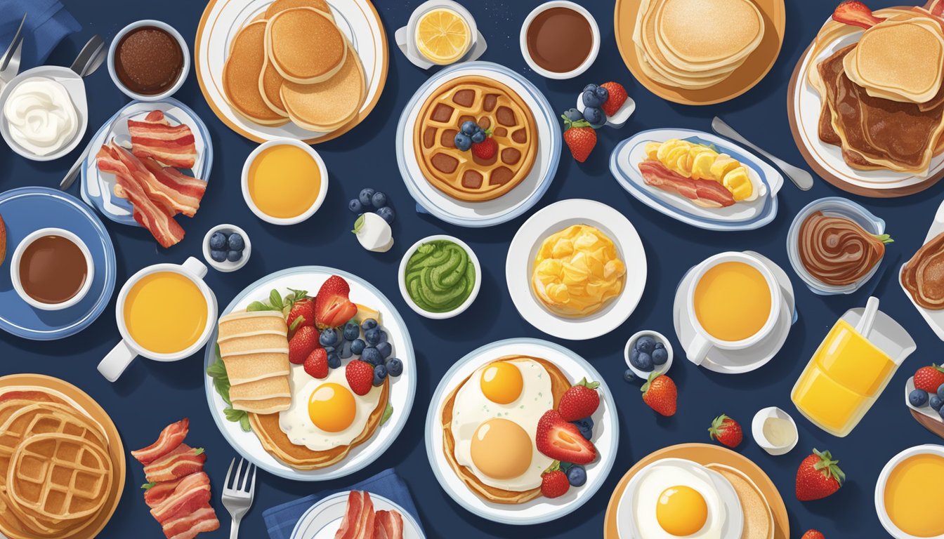 A table set with a variety of colorful and delicious breakfast dishes, including pancakes, eggs, bacon, and fruit, with a menu showcasing IHOP's seasonal specials